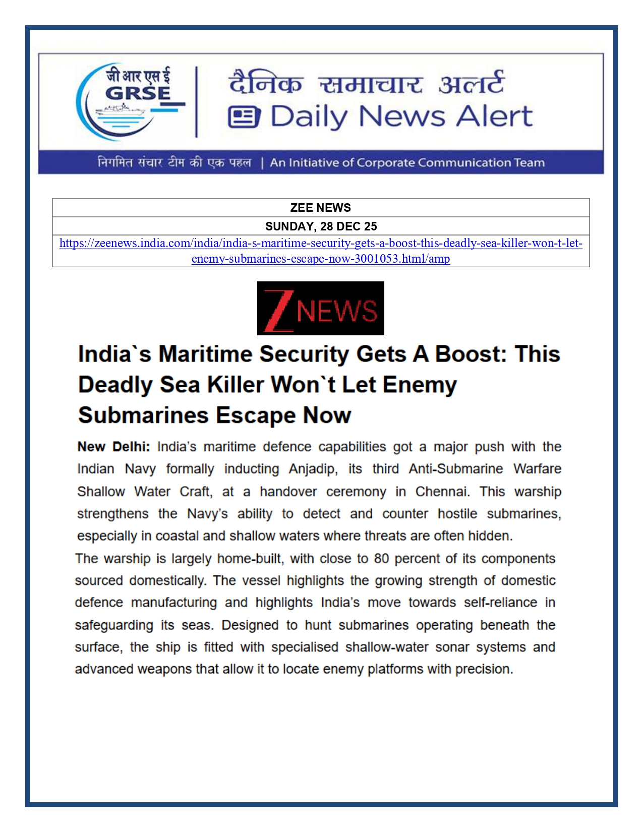   Press Coverage: 29 DEC 25: ZEE NEWS 